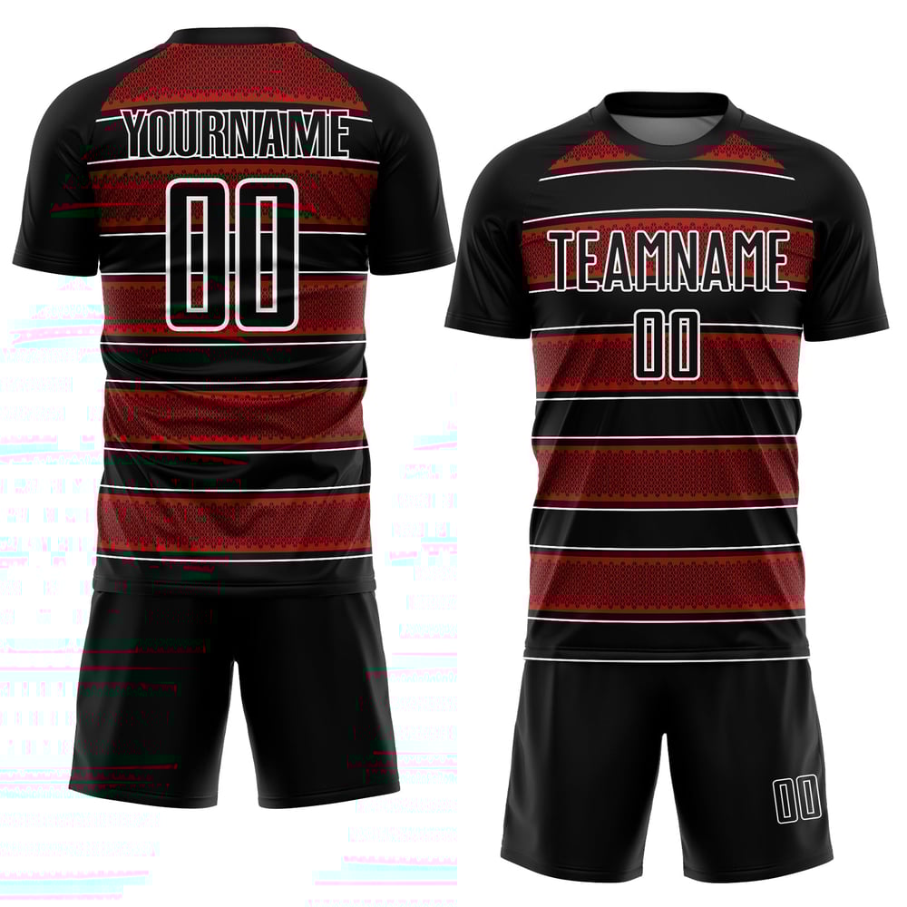 Camiseta de fútbol personalizada con sublimación de líneas y formas geométricas, negra, roja y blanca