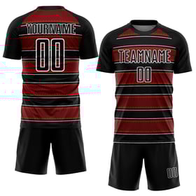 Camiseta de fútbol personalizada con sublimación de líneas y formas geométricas, negra, roja y blanca