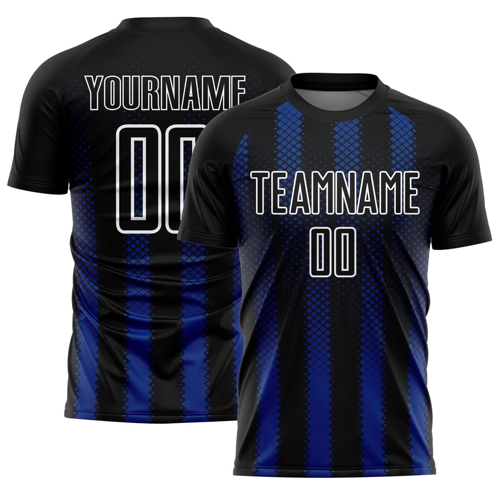 Uniform Geometrische Benutzerdefinierte Form Fußball Schwarz Trikot Sublimation Royal-Weiß