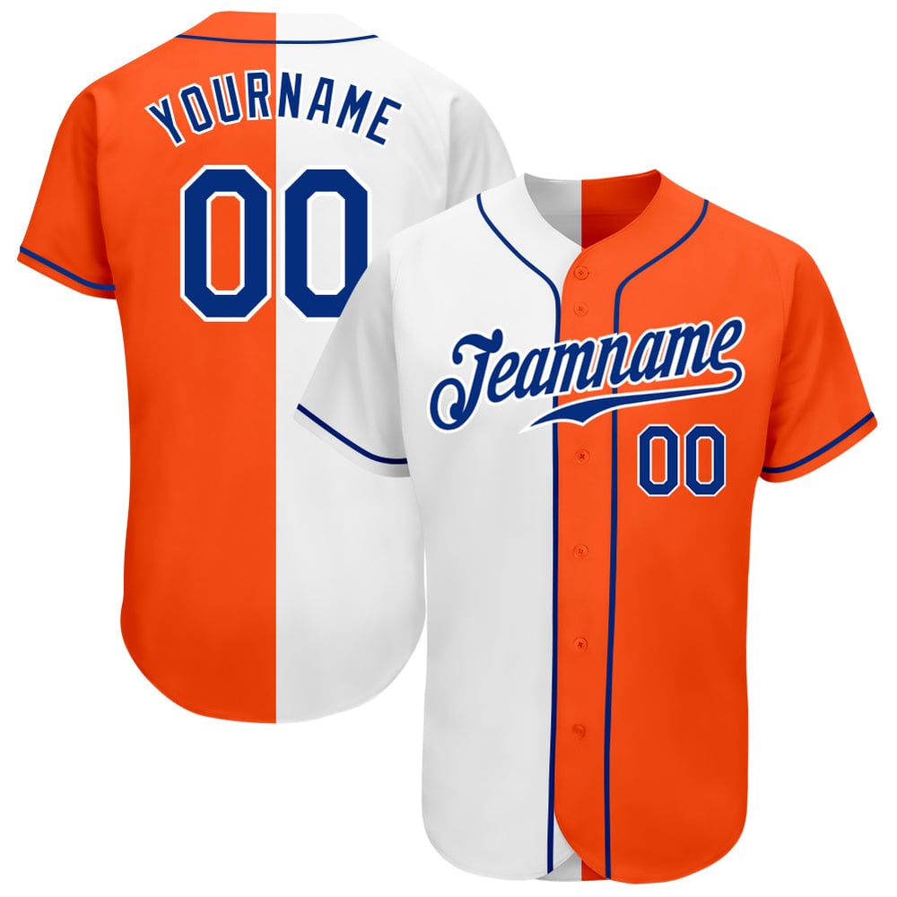 Camiseta de béisbol personalizada auténtica de moda naranja dividida azul real-blanco