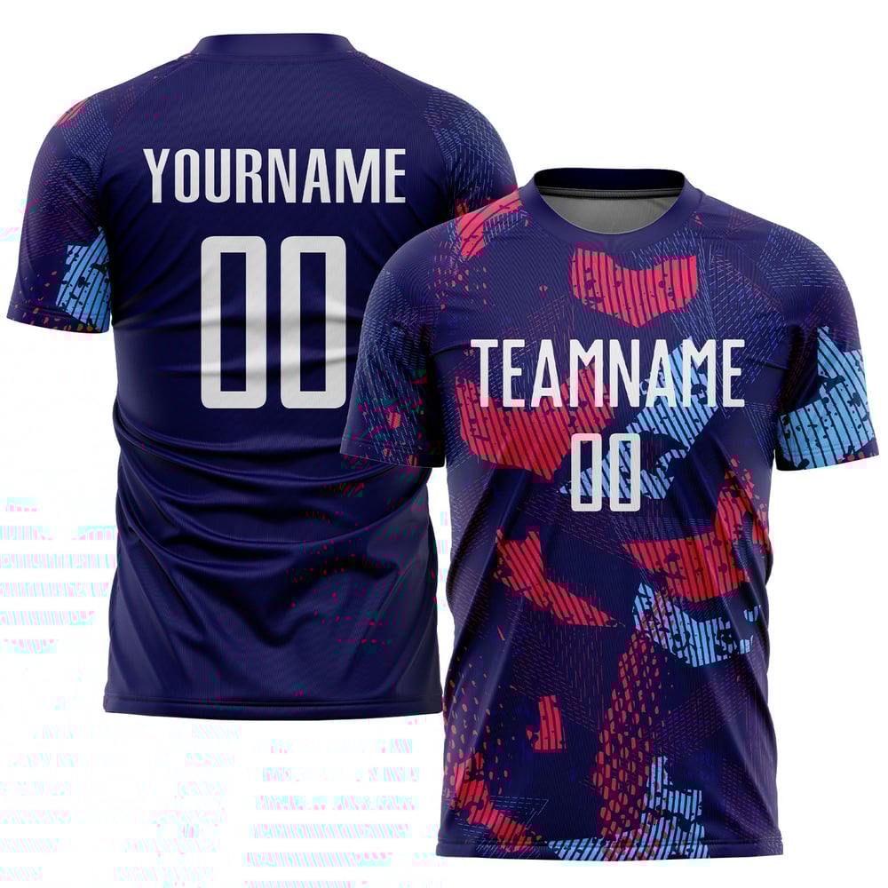 Maillot de football personnalisé à sublimation bleu marine, blanc et bleu clair