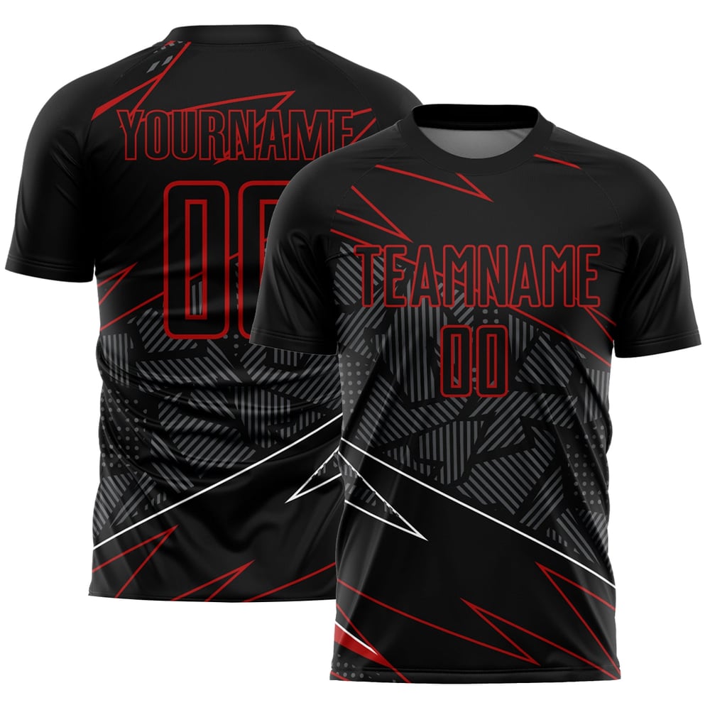 Camiseta de fútbol personalizada con sublimación negra y roja