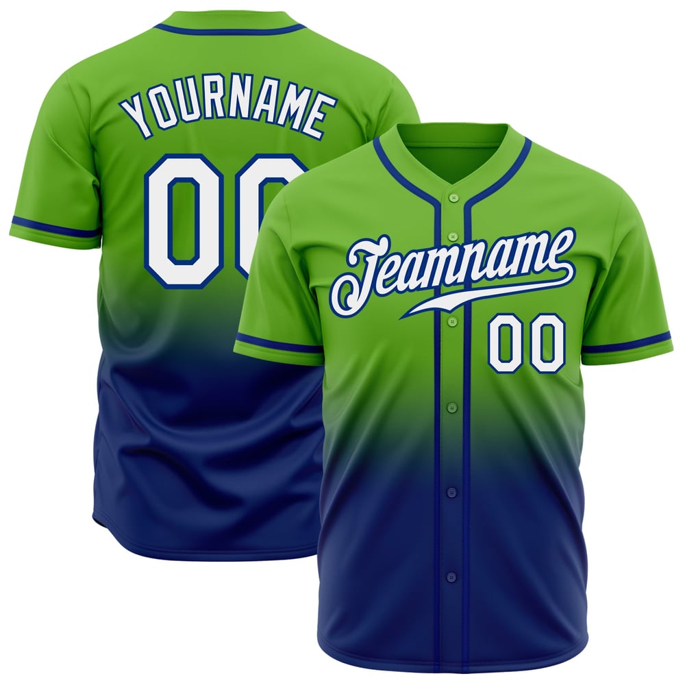 Maglia da baseball personalizzata, autentica, sfumata, verde, bianca e blu neon