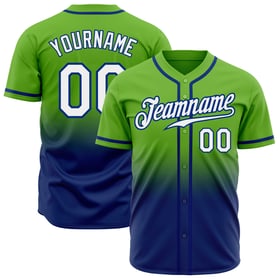 Maglia da baseball personalizzata, autentica, sfumata, verde, bianca e blu neon