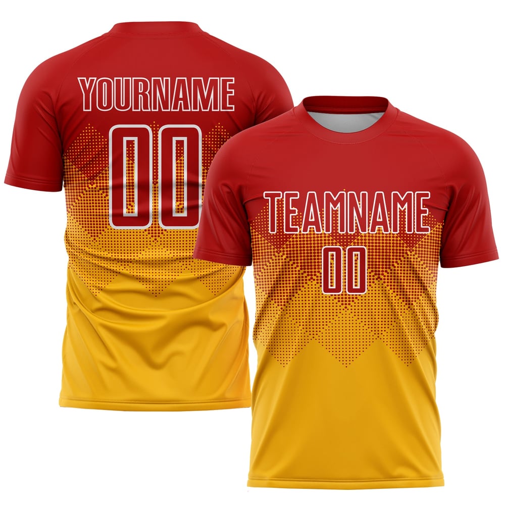 Custom Red-White Uniform Gold Jersey Soccer Sublimation