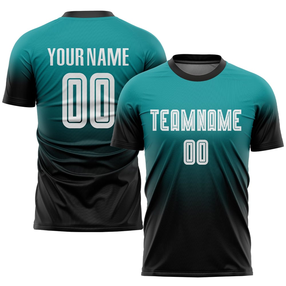 Sublimation Teal Custom Soccer Fashion Uniform White-Black Fade Jersey