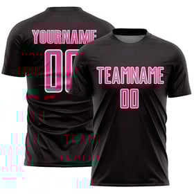 Maglia sportiva rosa-bianca stampata a sublimazione, uniforme nera, forma geometrica, calcio personalizzato