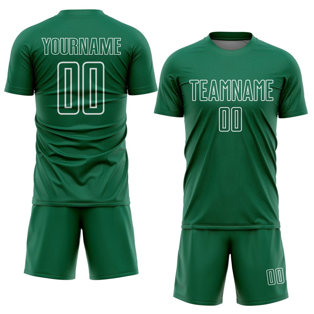Camiseta de fútbol personalizada con sublimación de formas geométricas en verde Kelly y blanco