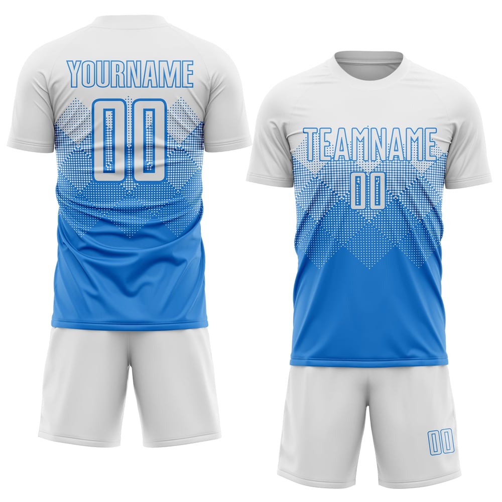 Maglia da calcio personalizzata con stampa a sublimazione blu polvere bianca