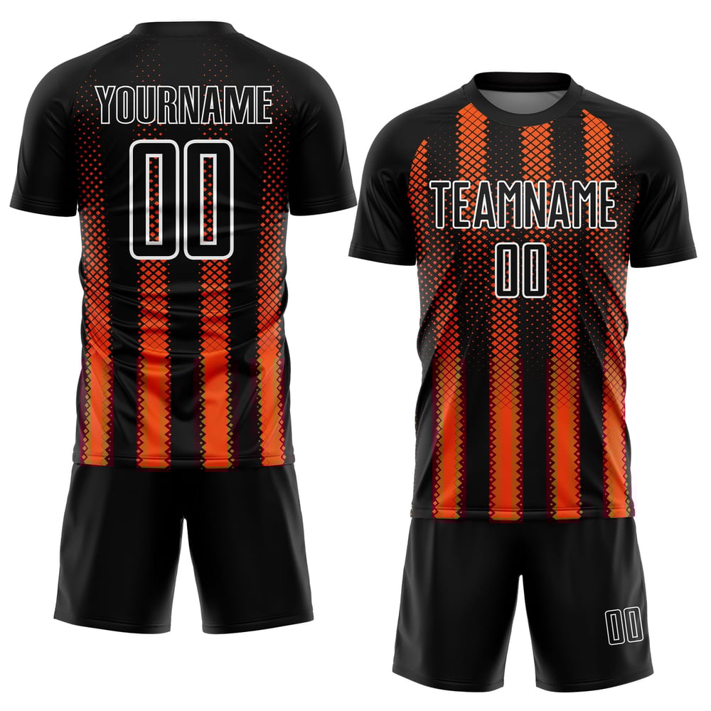 Geometrische orange-weiße Form Fußballtrikot Custom Uniform Black Sublimation