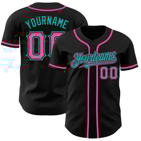 Camiseta auténtica de béisbol personalizada, color negro, rosa y aguamarina