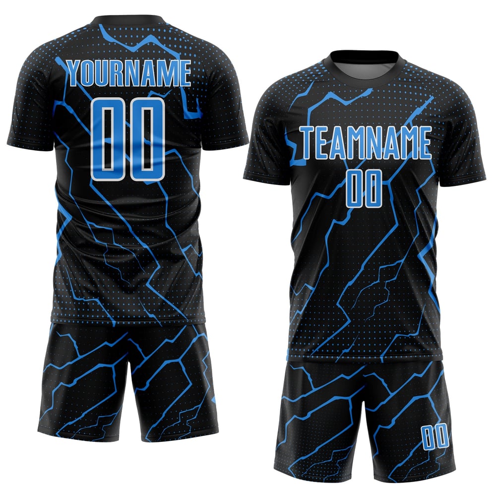 Maglia da calcio nera Lightning Sports blu-bianca personalizzata con stampa a sublimazione in polvere