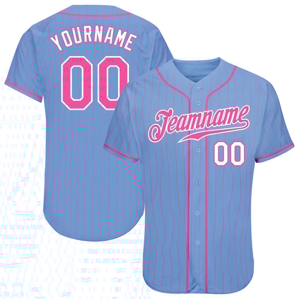Maglia da baseball autentica blu a righe rosa chiaro personalizzata rosa-bianca