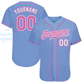 Maglia da baseball autentica blu a righe rosa chiaro personalizzata rosa-bianca