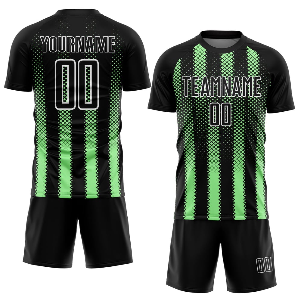 Erbsengrün-Weiß Geometrische Form Schwarz Fußball Uniform Custom Sublimation Jersey