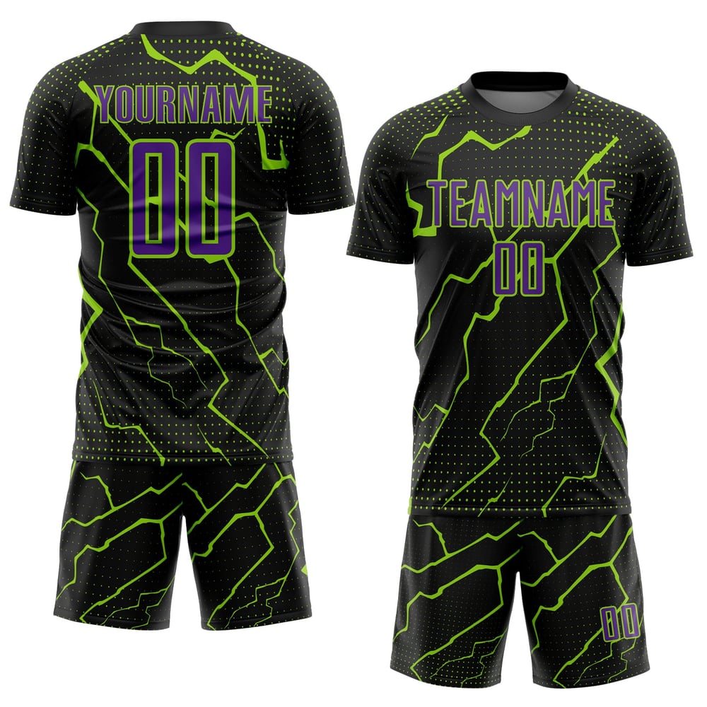 Maglia da calcio nera personalizzata con stampa sublimatica verde viola-neon da uniforme sportiva Lightning