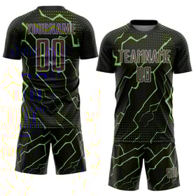 Maglia da calcio nera personalizzata con stampa sublimatica verde viola-neon da uniforme sportiva Lightning