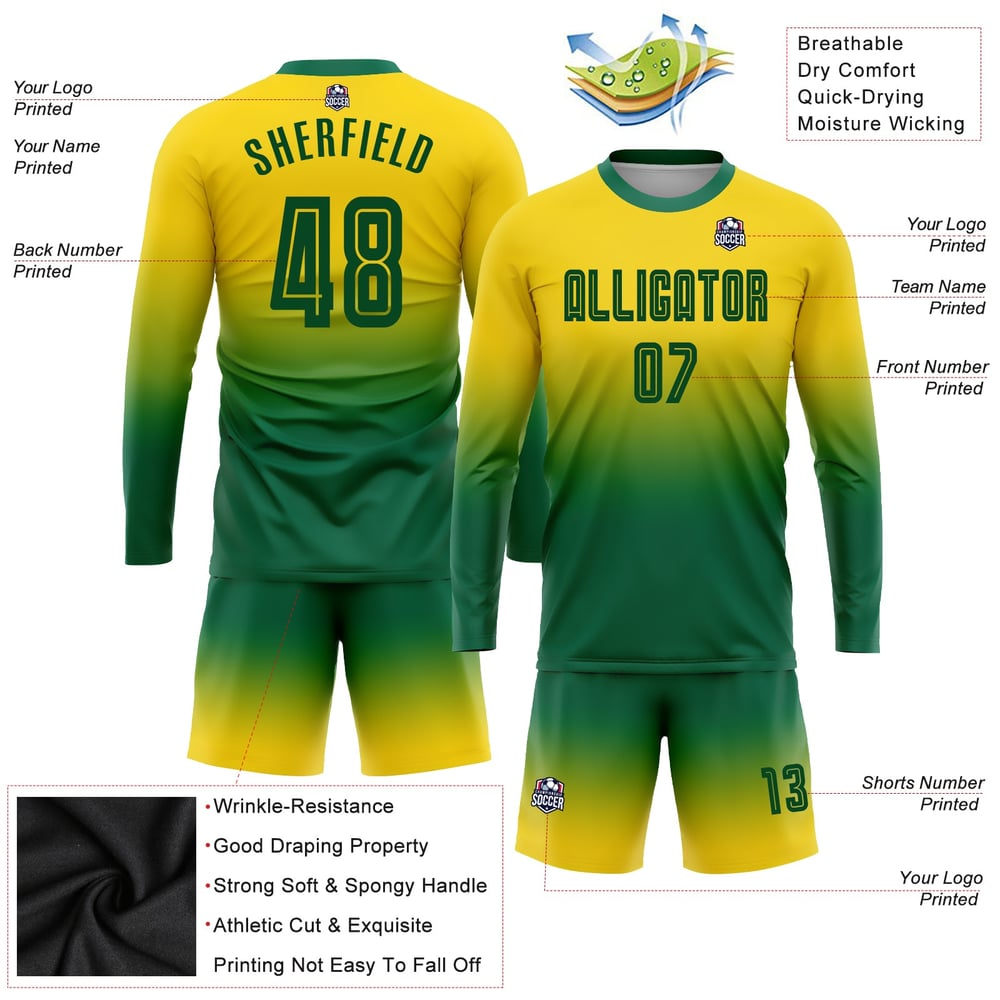 Custom Jersey Kelly Uniform Sublimation Gold Soccer Fade Sleeve Green Long Fashion