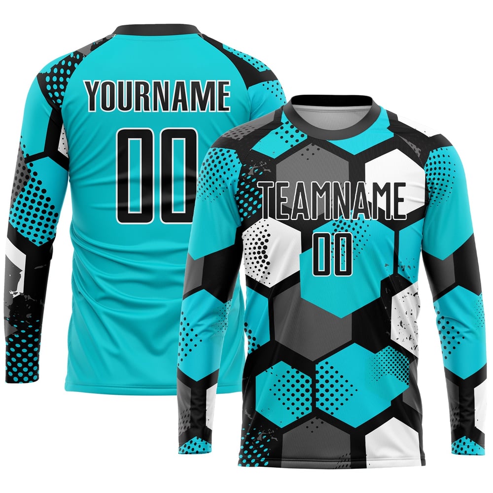 Sublimation Jersey Custom Black-White Soccer Aqua Uniform
