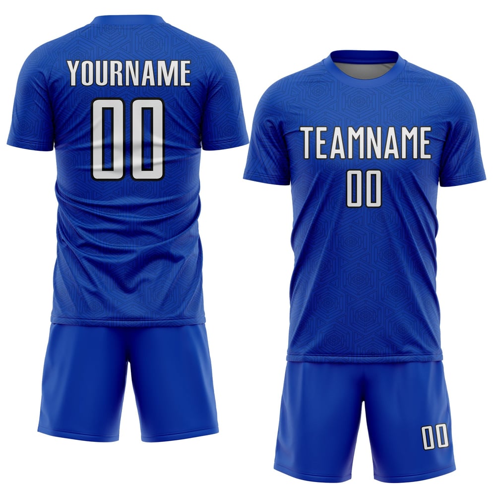 Maglia uniforme da calcio sportiva bianca-nera personalizzata con forma geometrica blu tuono sublimazione