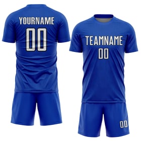 Maglia uniforme da calcio sportiva bianca-nera personalizzata con forma geometrica blu tuono sublimazione