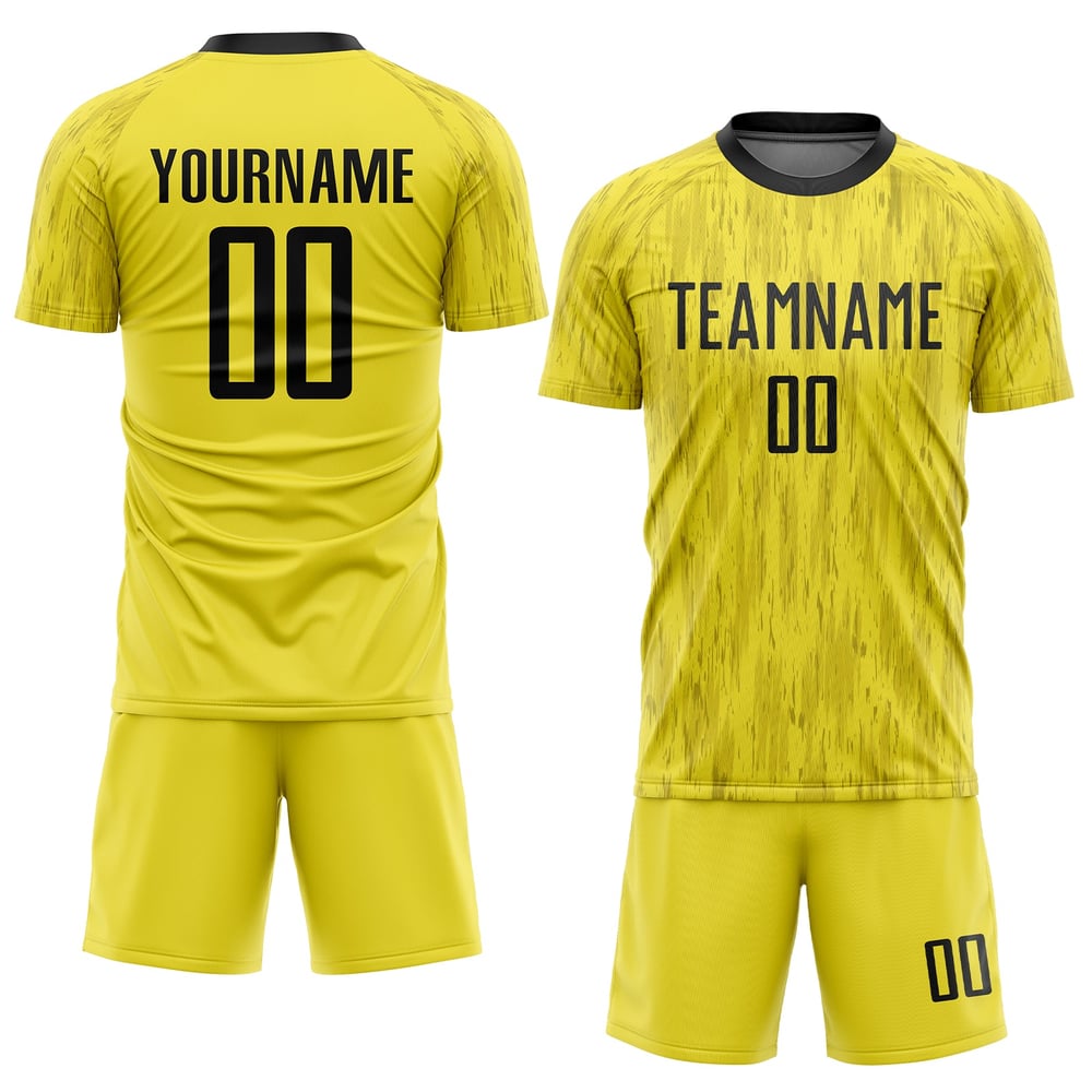 Camiseta de fútbol personalizada de sublimación negra, uniforme dorado