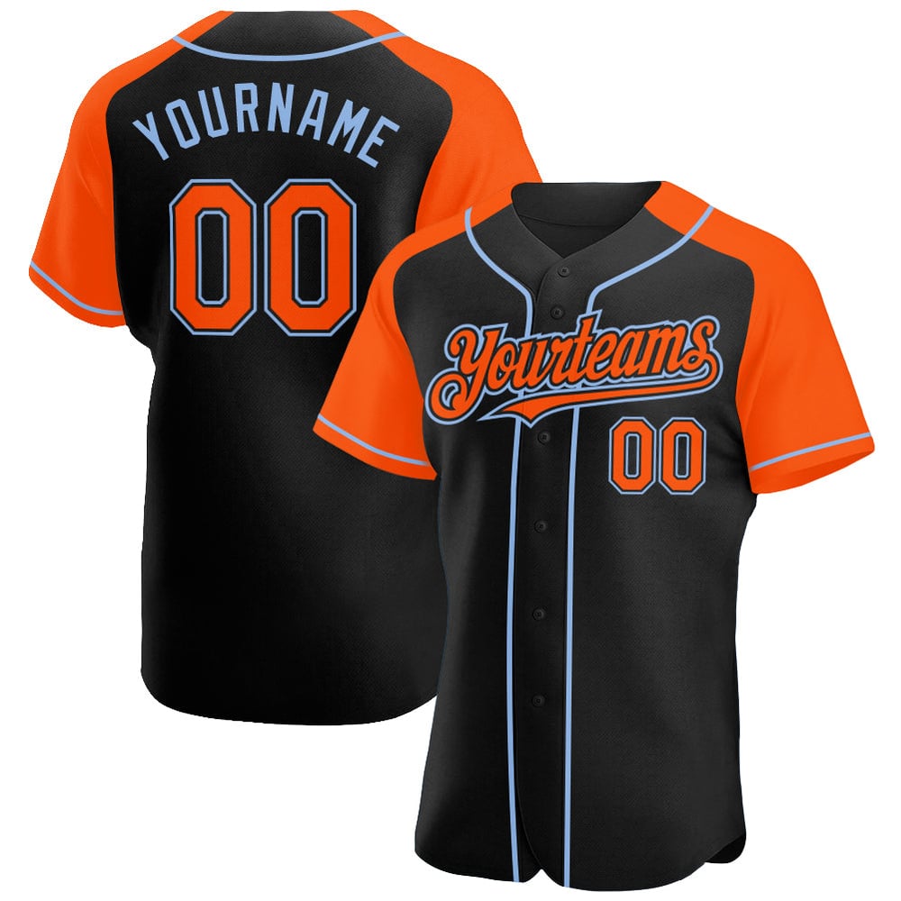 Jersey Sleeves Custom Orange-Light Blue Baseball Black Raglan Authentic
