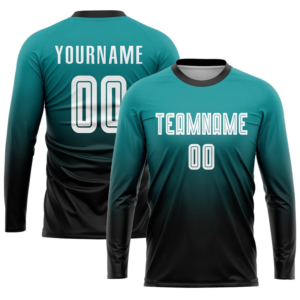 Sublimation Teal Custom Soccer Fashion Uniform White-Black Fade Jersey