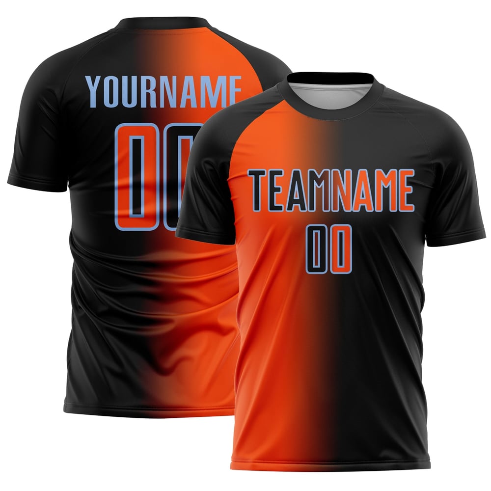 Orange-Hellblau Jersey Custom Sublimation Mode Schwarz Fußball Uniform Gradienten