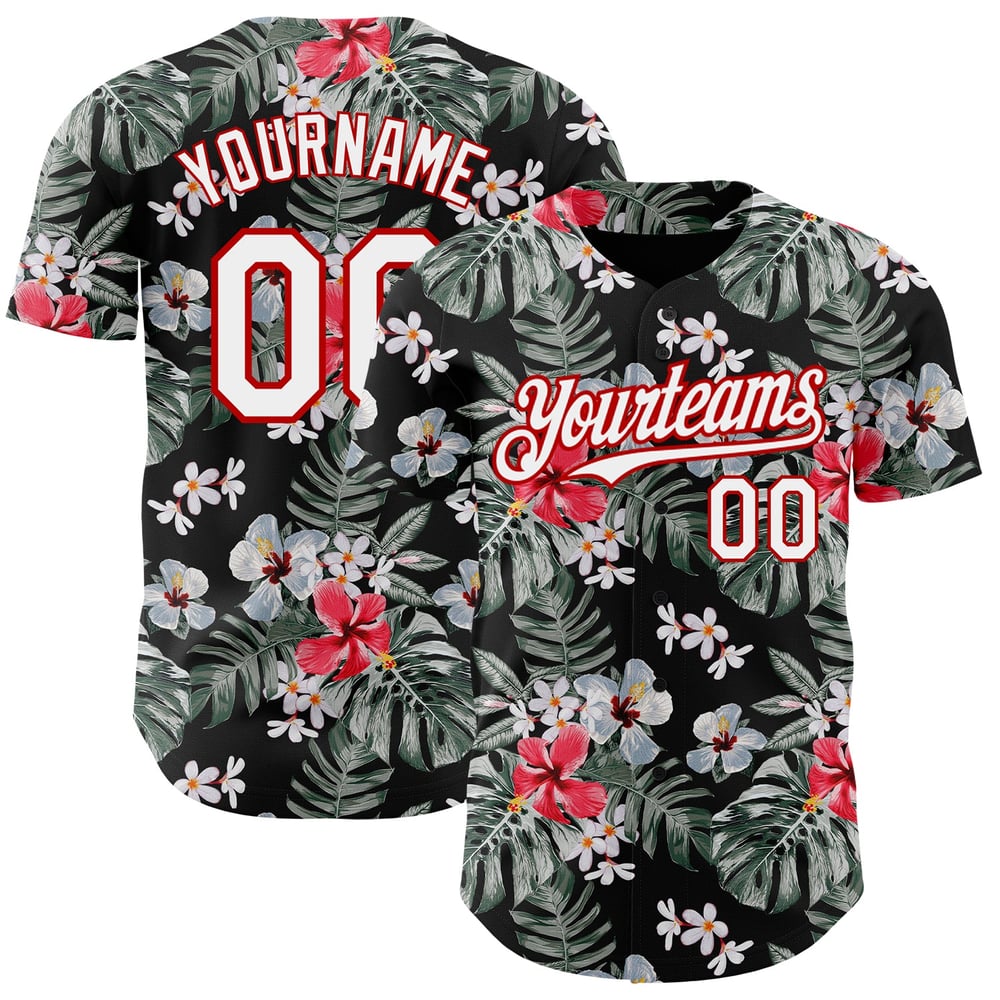 Camiseta auténtica de béisbol negra personalizada con diseño 3D blanco y rojo, estampado tropical, planta hawaiana