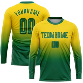 Camiseta de fútbol verde uniforme, de moda, de manga larga, sublimación, personalizada, color dorado Kelly