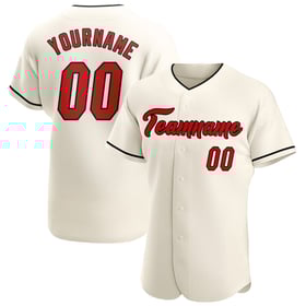 Camiseta de béisbol auténtica color rojo y negro, color crema y personalizada.