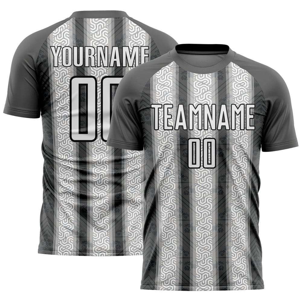 Maillot de football personnalisé à rayures ethniques gris acier, blanc et noir, sublimation
