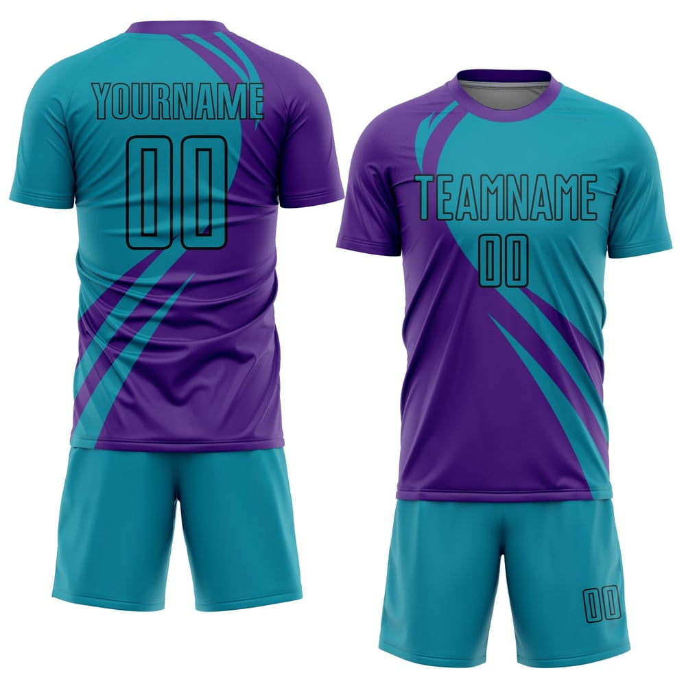 Camiseta de fútbol personalizada con líneas de sublimación, color verde azulado y negro, curva morada