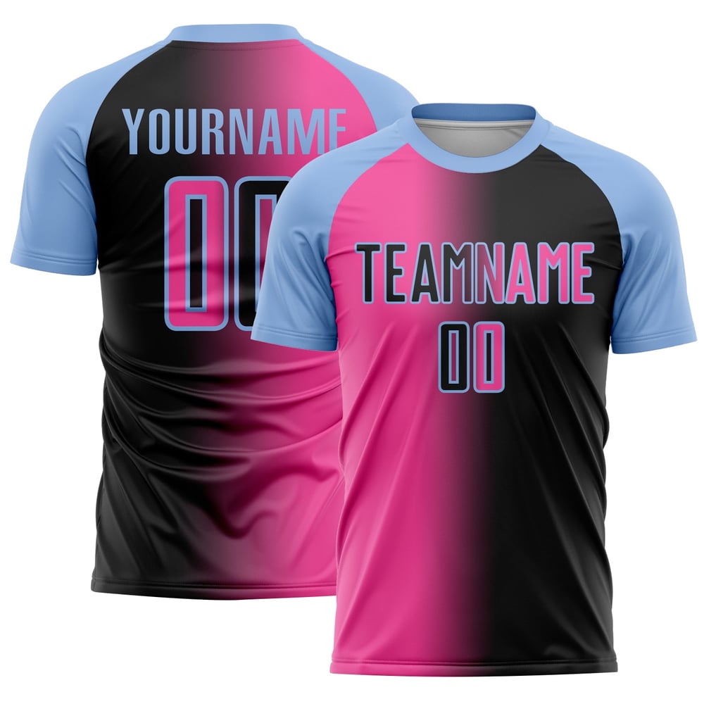 Mode Blau Fußball Rosa-Licht Gradienten Jersey Sublimation Custom Schwarz Uniform