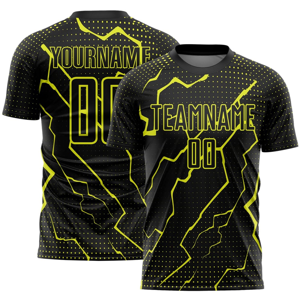 Maglia da calcio personalizzata con stampa sublimatica, uniforme gialla, fulmine nero, neon sportivo
