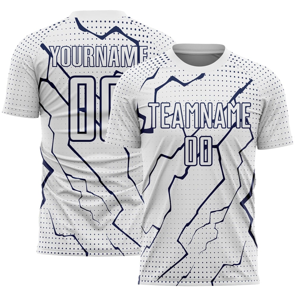 Maglia sportiva personalizzata con stampa sublimatica blu navy uniforme da calcio Lightning White