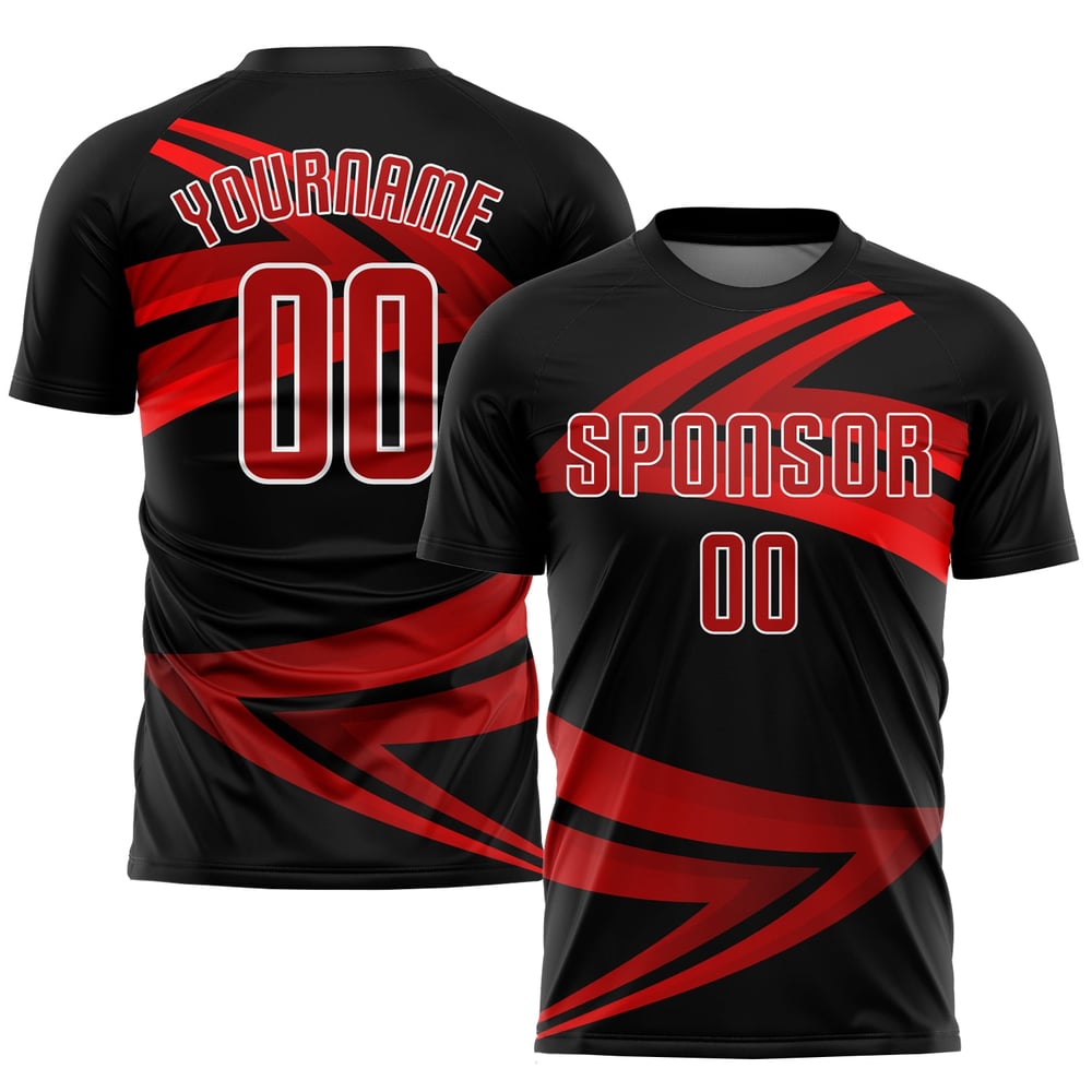 Camiseta de fútbol personalizada con sublimación en rojo, blanco y negro
