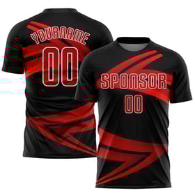 Camiseta de fútbol personalizada con sublimación en rojo, blanco y negro