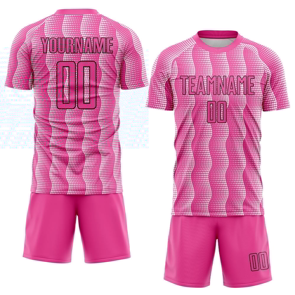 Camiseta de fútbol personalizada con sublimación de uniformes geométricos, color negro y blanco, color rosa