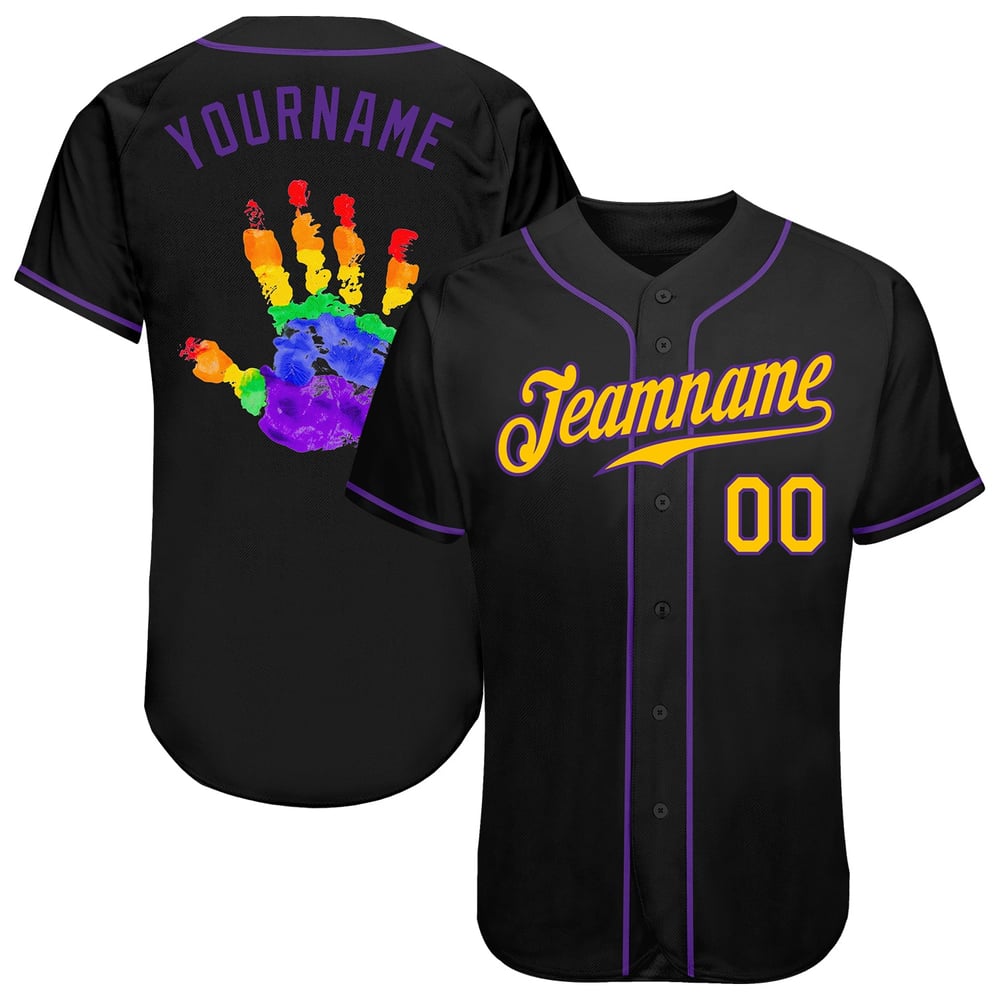 Camiseta de béisbol negra Orgullo LGBT Arcoíris Dorado-Morado Auténtica Personalizada a Mano