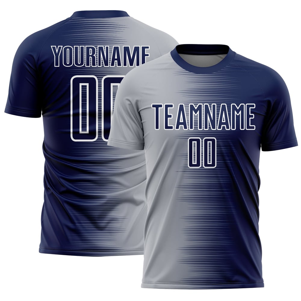 Uniforme de fútbol personalizado degradado, línea gris-blanca, sublimación, camiseta azul marino