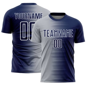 Uniforme de fútbol personalizado degradado, línea gris-blanca, sublimación, camiseta azul marino