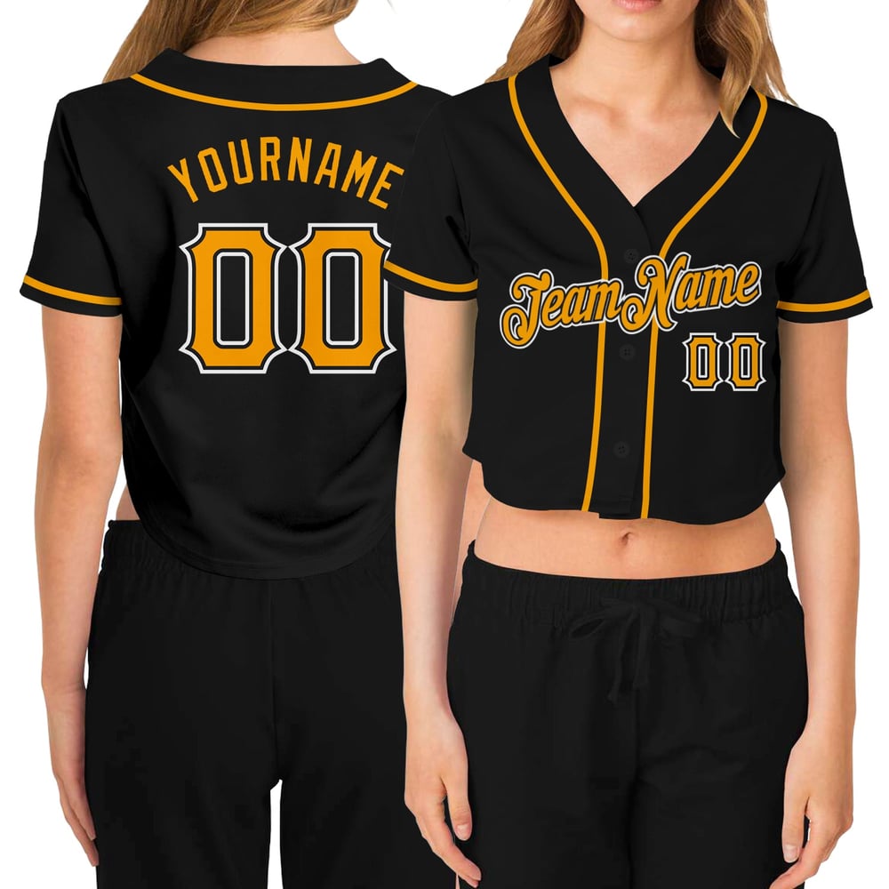 Camiseta de béisbol negra con cuello en V para mujer, personalizada, corta, dorada y blanca