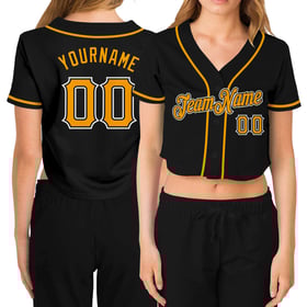 Camiseta de béisbol negra con cuello en V para mujer, personalizada, corta, dorada y blanca