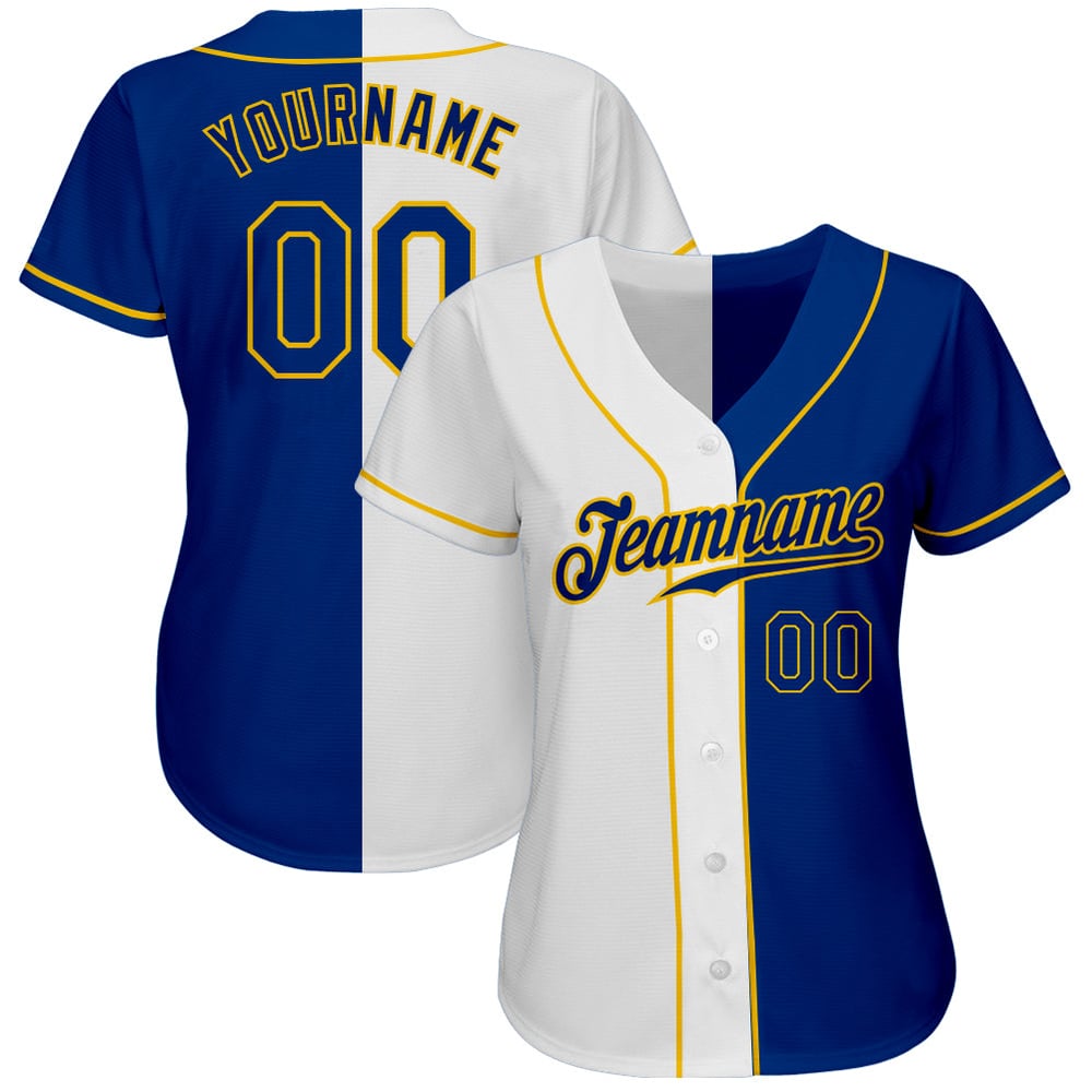 Camiseta de béisbol personalizada auténtica de color blanco dividido y dorado real.