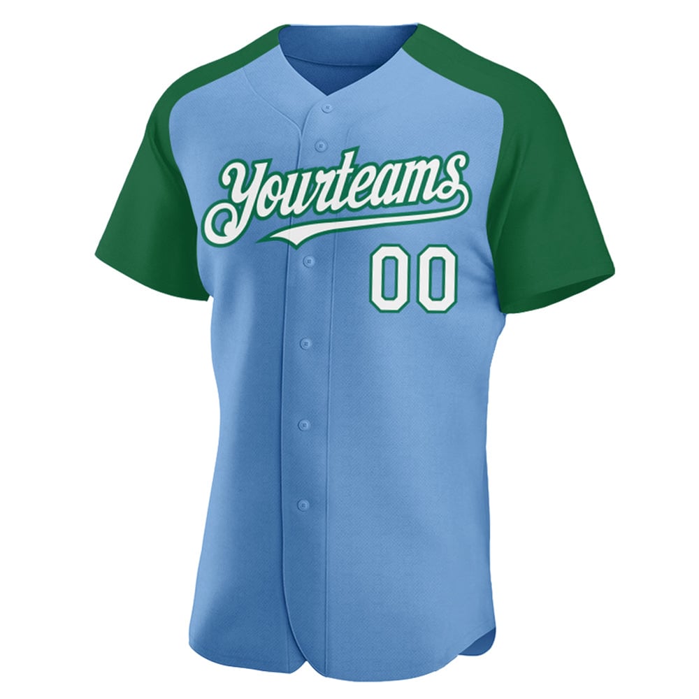 Authentic Raglan Light Jersey White-Kelly Green Baseball Sleeves Custom Blue