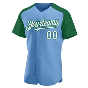 Authentic Raglan Light Jersey White-Kelly Green Baseball Sleeves Custom Blue