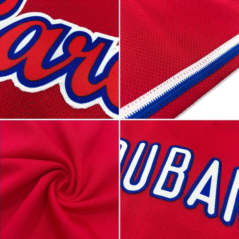 Camiseta retro personalizada de béisbol auténtica de punto acanalado en blanco y rojo rey