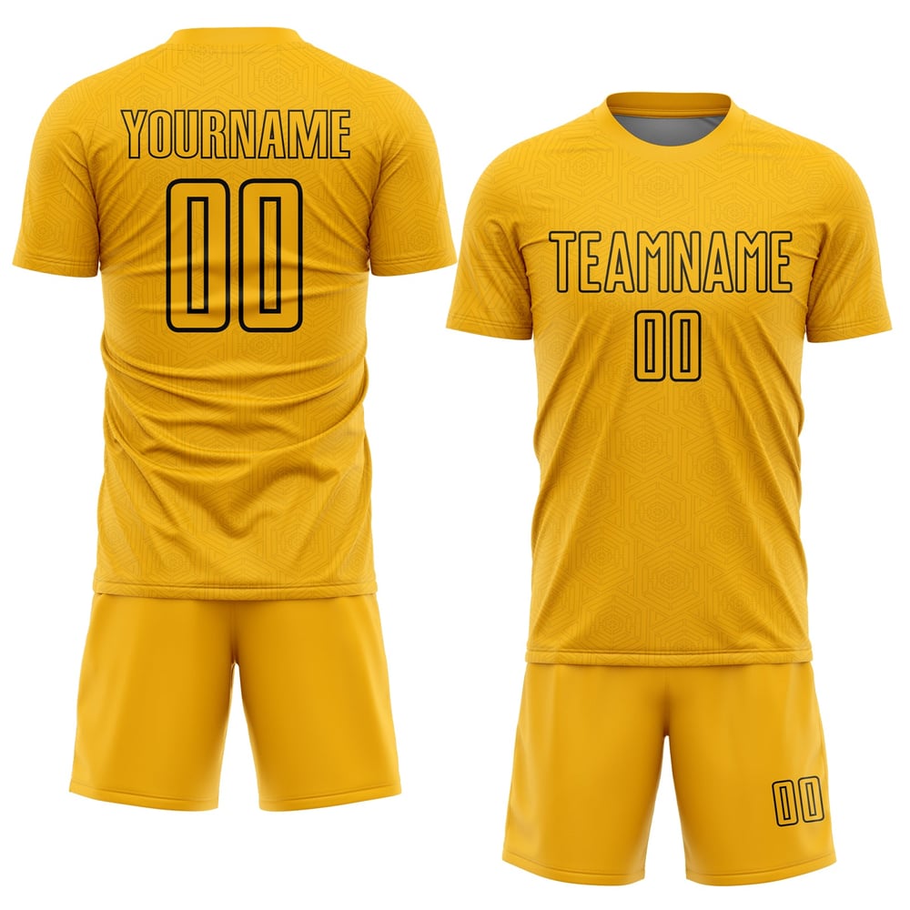 Camiseta de fútbol personalizada con sublimación de formas geométricas en dorado y negro